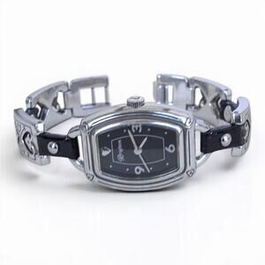 Vintage Brighton Bismarck Black Leather Silver Panel Watch Quartz Retired 7"